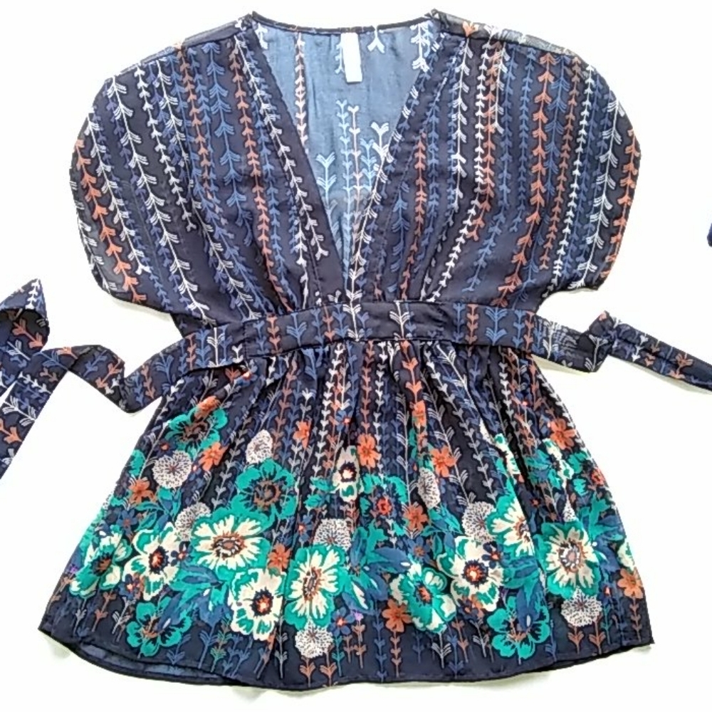 Navy Floral Arrow Print Tie High Waist Sheer Top